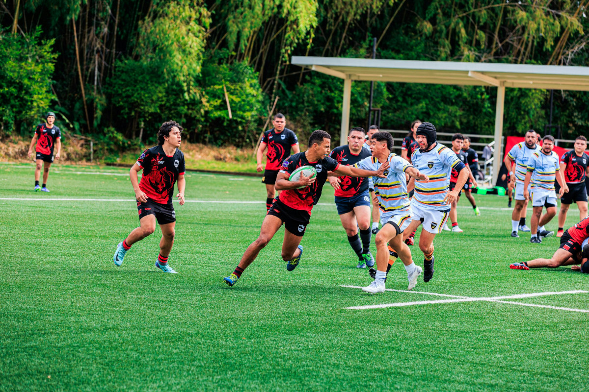 Action-packed rugby game on a sunny day with players in red and black jerseys.
